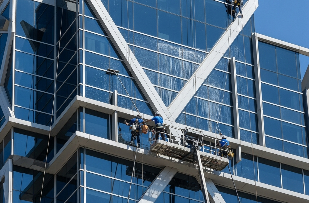 A professional cleaner power washes a modern building facade, removing dirt and grime.