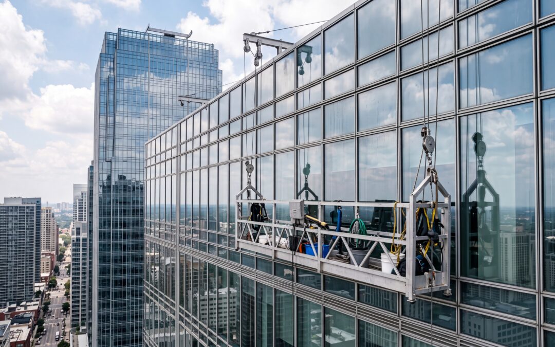 A professional window cleaning cradle suspended against the reflective glass façade of a modern skyscraper