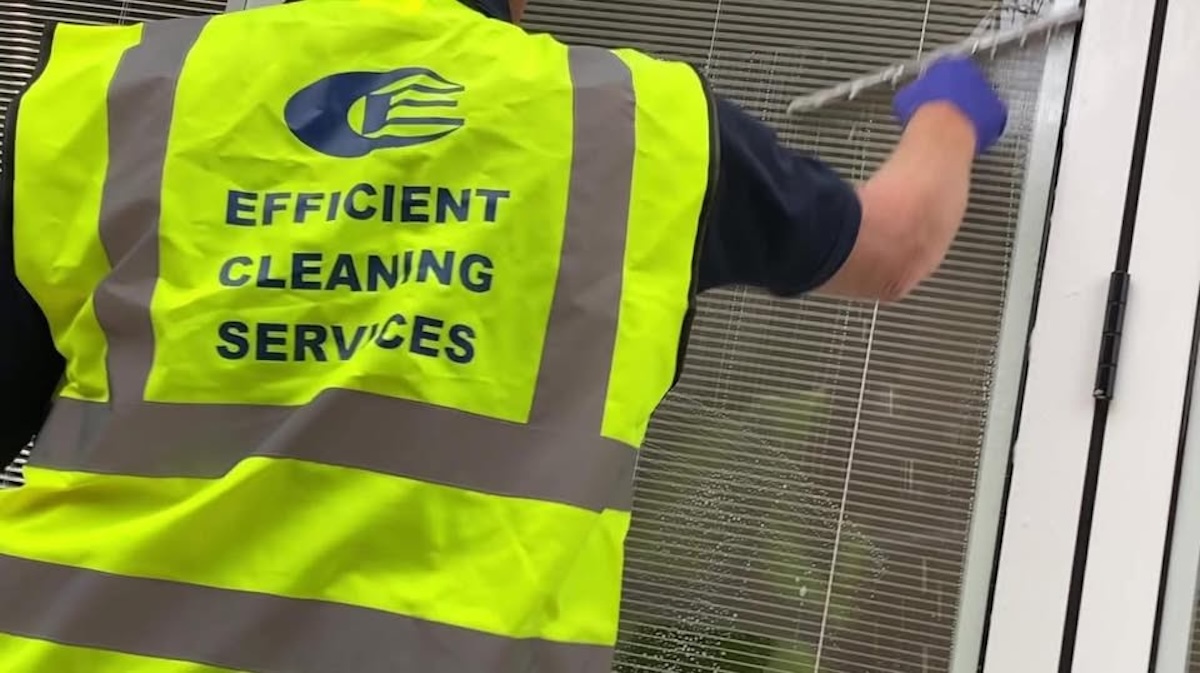 Office window cleaning with a squeegee in Barnes, SW13